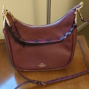 Coach Teri Hobo Two-Way bag in Maroon Leather with Snake skin and gold accents.
